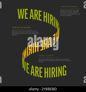 Modern we are hiring poster with green yellow letters on dark background with three free positions descriptions. Multipurpose Join our team banner fly Stock Vector