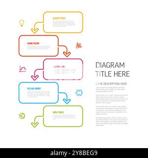 Five steps content rectangle blocks infographic template with colorful borders icons and diagram description. Multipurpose process progres infographic Stock Vector