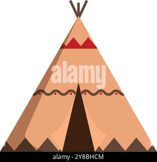 Beige native american teepee tent with a brown entrance decorated with red and brown ornaments and standing on the ground Stock Vector