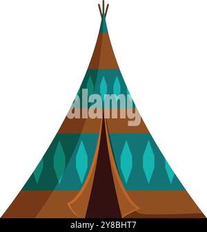 Colorful teepee with a pattern of brown and turquoise diamonds is standing with the entrance open Stock Vector