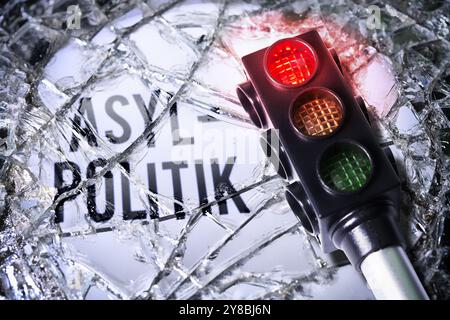 PHOTO MONTAGE, Red traffic light on broken ground with the words asylum policy, traffic light government and asylum policy, FOTOMONTAGE, Rote Ampel au Stock Photo