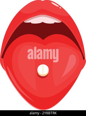 Open mouth holding a pill on tongue shaped like a heart, medical healthcare concept Stock Vector