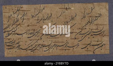 A friend's letter, 17th-18th centuries, Calligraphy, Arabic, Calligraphy, Persian, Manuscripts, Persian, Washington (D.C.), Iran, Arabic script calligraphy, Illuminated Islamic manuscripts, Islamic calligraphy, Islamic manuscripts, Shikastah, Nasta'liq, A letter composed for a friend, in Persian written in shikastah-nasta'liq script with four bayts (verses) of a lyrical poem (ghazal) from Firdawsi's 'Shahnamah' from 19th Cent Iran., Dimensions of Written Surface: 5.8 (h) x 11.9 (w) cm, The text is written in small black shikastah-nasta'liq script on a piece of paper painted in light brown in s Stock Photo