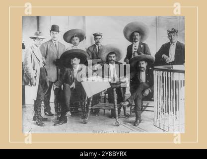 Emiliano Zapata, 1879-1919, Photo shows Emiliano Zapata Salazar (1879-1919), leader of the Mexican Revolution (1910-1920). From left to right: Tirso Espinosa, Gildardo Magaña, M. Mejía, Abram Martínez, Jesús Jauregui and Rodolfo Magaña; seated: Eufemio Zapata (Emiliano's brother), Emiliano Zapata and Próculo Capistrán. They are at Hotel Coliseo, Mexico City on June 24, 1911., 1911 June 4, 1 photographic print. Stock Photo