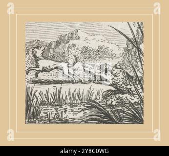 Fable of the dog and the crocodile, Illustrations for fable retellings by Phaedrus (series title), A crocodile appears among the reeds and shows its teeth to a dog that walks by. This illustration was made for the Aesopian fables of the Latin poet Phaedrus., print, print maker: Simon Fokke, Amsterdam, 1769, paper, etching, height, 44 mm × width, 41 mm Stock Photo