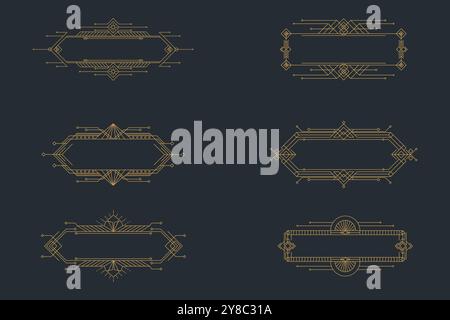 Art deco frames, golden elegant antique borders, decorative game buttons or labels isolated on dark background Stock Vector