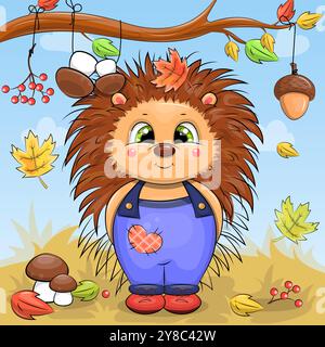 Cute cartoon hedgehog in red scarf. Autumn vector illustration on a blue background with clouds. Stock Vector