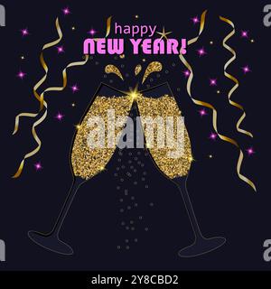 New year celebratory toast with champagne, glitter, shining stars, streamers, in golden and pink colors on a dark blue background Stock Vector