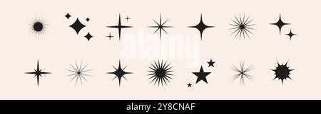 Set of shiny sparkle, star and sun shapes. Abstract vector glow, explosion and blink effects for celebrate party design. Twinkle glitter and flash gra Stock Vector