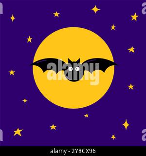 Halloween background vector cartoon illustration, with flying bat above a full moon in black sky at night. Stock Vector