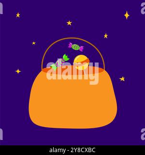 Halloween candies in pumpkin bag. Sweet lollipop candy treats for kids. Trick or treat in orange jack lantern basket, sweets and chocolate isolated ch Stock Vector