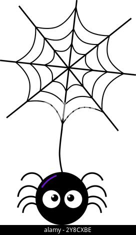 Spider hanging on spider web clipart. Vector illustration silhouette isolated on white background. Stock Vector
