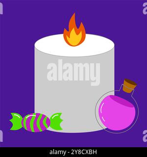 Halloween spooky clipart with hand drawn related elements. Candle with sweet and potion. Cute design for Halloween isolated on purple background Stock Vector