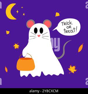 Cute ghost floating with Halloween pumpkin basket for Trick or Treat. Funny spooky boo character. Spook phantom with happy smiling face expression. Is Stock Vector