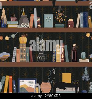 Seamless pattern with vintage books, and different retro things on dark shadow background. Old and mysterious interior. Standing books wall background Stock Vector
