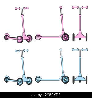 Set of color illustration with children three-wheeled scooter. Isolated vector object on white background. Stock Vector
