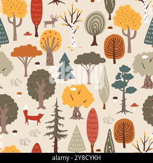 Autumn forest seamless pattern with funny trees and animals. Hand drawn background for kids fabric, wrapping, textile, wallpaper, apparel. Vector Stock Vector