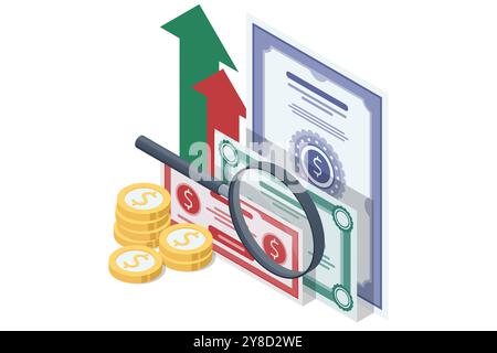 Isometric Treasury Bonds T-Bonds , Municipal or Sovereign Bonds. government bonds are a secure way for investors to earn steady returns while funding Stock Vector