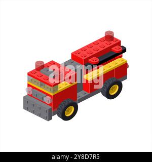 Fire truck in isometric view assembled from plastic blocks. Vector illustration Stock Vector