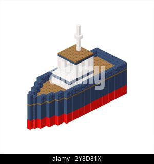 Fishing boat in isometric view assembled from plastic blocks. Vector illustration Stock Vector
