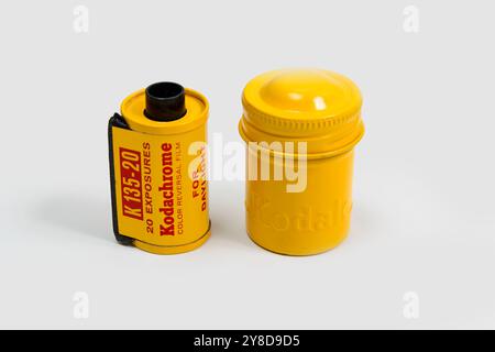 Maryville, Tennessee, United States – September 30, 2024: Horizontal shot of 1940’s era Kodachrome and yellow canister. The first practical 35mm film. Stock Photo