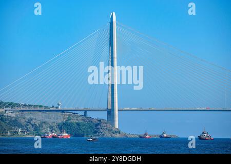 Istanbul, Turkey - September 27, 2024: Views of the Fatih Sultan Mehmet Bridge across the Bosphorus Strait in Istanbul, Turkey. Stock Photo