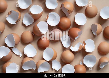 A close up of broken eggshells on a table. The shells are scattered in various sizes and shapes, creating a sense of disorder and chaos. The image evo Stock Photo