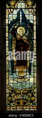 Victorian stained glass window depicting Victory. St John the Baptist, Finchingfield, England, UK Stock Photo