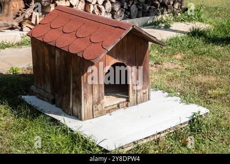 Wooden doghouse in backyard on green grass Stock Photo