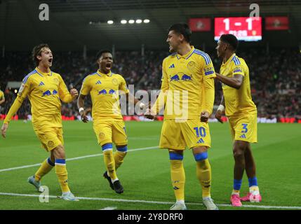 Leeds United's Joël Piroe celebrates Leeds United's first goal during the Sky Bet Championship match between Sunderland and Leeds United at the Stadium Of Light, Sunderland on Friday 4th October 2024. (Photo: Michael Driver | MI News) Credit: MI News & Sport /Alamy Live News Stock Photo