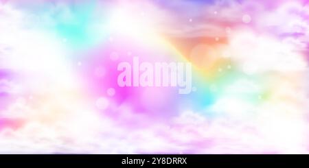 rainbow clouds bokeh portal. Princess party horizontal banner. Unicorn sky background. Stock vector illustration in cartoon realistic style. Stock Vector