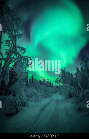 Intense bands of Northern lights or Aurora borealis or Polar lights dancing on night sky. Stunning aurora borealis display over a snowy road at night. Stock Photo