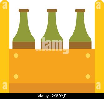 Three bottles standing in a wooden beer crate, side view on white background Stock Vector