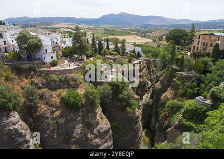 View of a dramatic gorge with a bridge surrounded by white buildings and green landscape in Ronda, view from El Puente Nuevo, the new bridge, old town Stock Photo