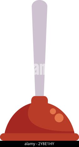 Cartoon style icon of a red rubber force cup plunger with wooden handle, a tool for unclogging drains Stock Vector