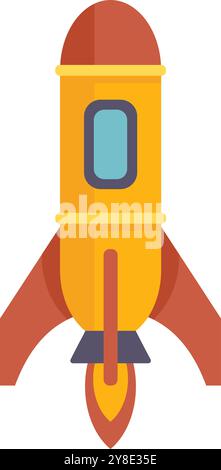 Cartoon rocket ship launching upward, propelled by flames shooting from its base Stock Vector