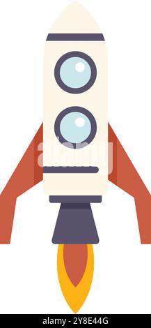 Cartoon spaceship with two portholes blasting off with orange flames beneath it on a white background Stock Vector