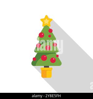 Stylized christmas tree with a golden star on top, decorated with red baubles casting a long shadow Stock Vector