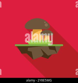 Minimalist flat design illustration of two mushrooms growing on a floating island with a long shadow on a red background Stock Vector