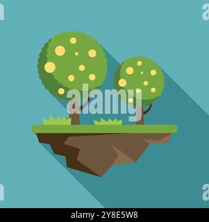 Two trees growing on a floating island with a long shadow on a blue background Stock Vector