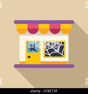 Abandoned shop with broken window and spider webs icon in flat style with long shadow Stock Vector