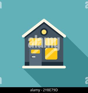 Minimalist vector illustration of a small house with glowing windows covered in snow casting a long shadow over a blue background Stock Vector