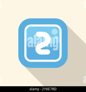 Blue rounded square icon with long shadow, showing number two, for application button or web design element Stock Vector