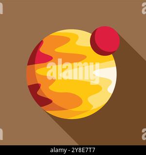 Simplified stylized illustration of a yellow planet with a red spot, like jupiter, orbiting in space with a moon Stock Vector