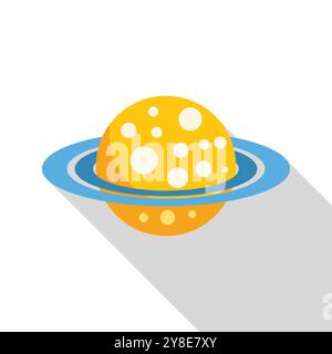 Minimalist vector illustration of a yellow planet with planetary rings, orbiting in the vast expanse of outer space Stock Vector