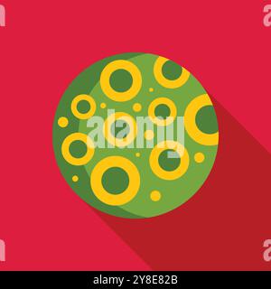 Green planet with yellow craters on a red background in flat design with a long shadow Stock Vector
