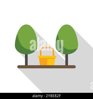 Yellow basket standing between two trees in the park, flat design icon illustration with long shadow Stock Vector