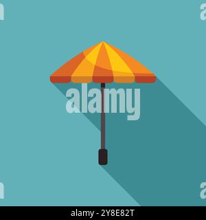 Yellow and orange striped beach umbrella casting shadow on turquoise background, summer vacation concept Stock Vector