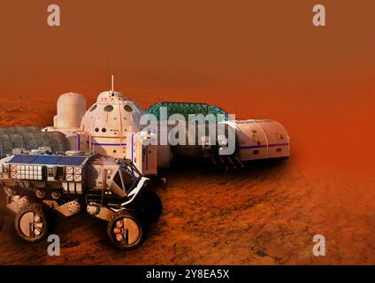 Illustration of a rover at a base on Mars. Stock Photo