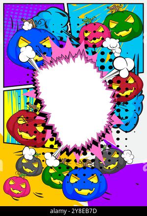 Cartoon many little Halloween Pumpkin with blank speech bubble, comic book Jack O' Lantern background. Retro vector comics pop art design. Stock Vector